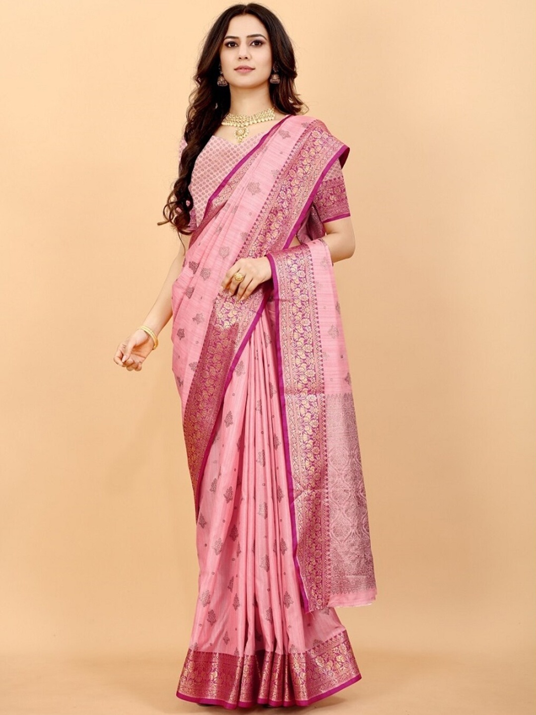 

Fospy Floral Woven Design Zari Pure Silk Banarasi Saree, Pink