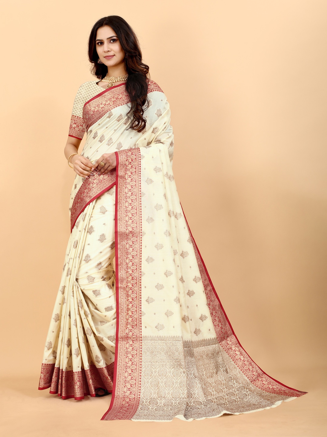 

Fospy Ethnic Woven Design Zari Pure Silk Banarasi Saree, Cream