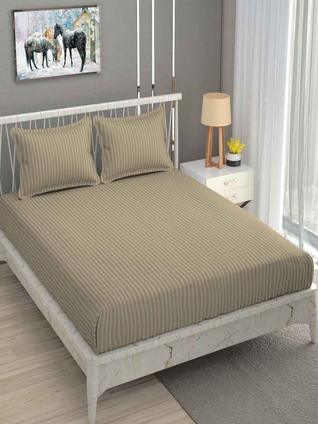 

Aura Beige Striped 180 TC Queen Bedsheet With 2 Pillow Covers
