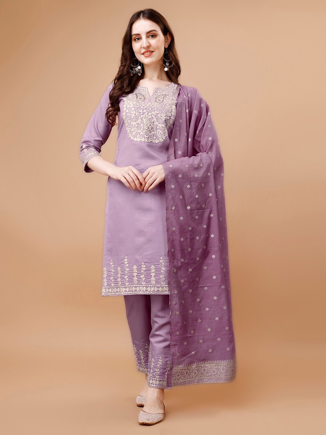 

KALINI Ethnic Motifs Yoke Design Thread Work Straight Kurta & Trousers With Dupatta, Purple
