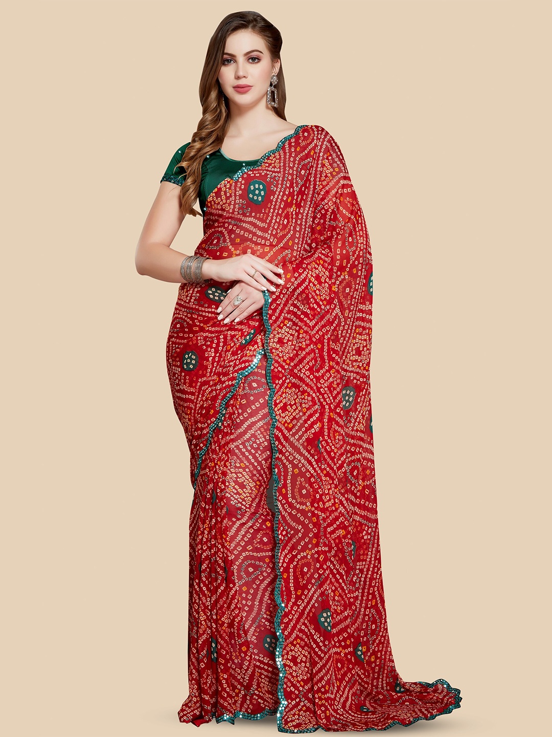 

Rani Saahiba Bandhani Printed Poly Chiffon Bandhani Saree, Red