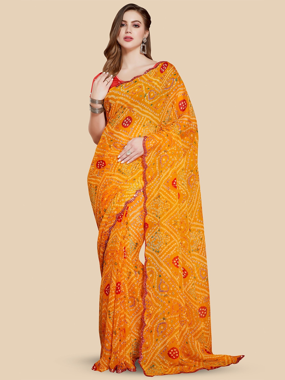 

Rani Saahiba Bandhani Printed Sequined Bandhani Saree, Orange