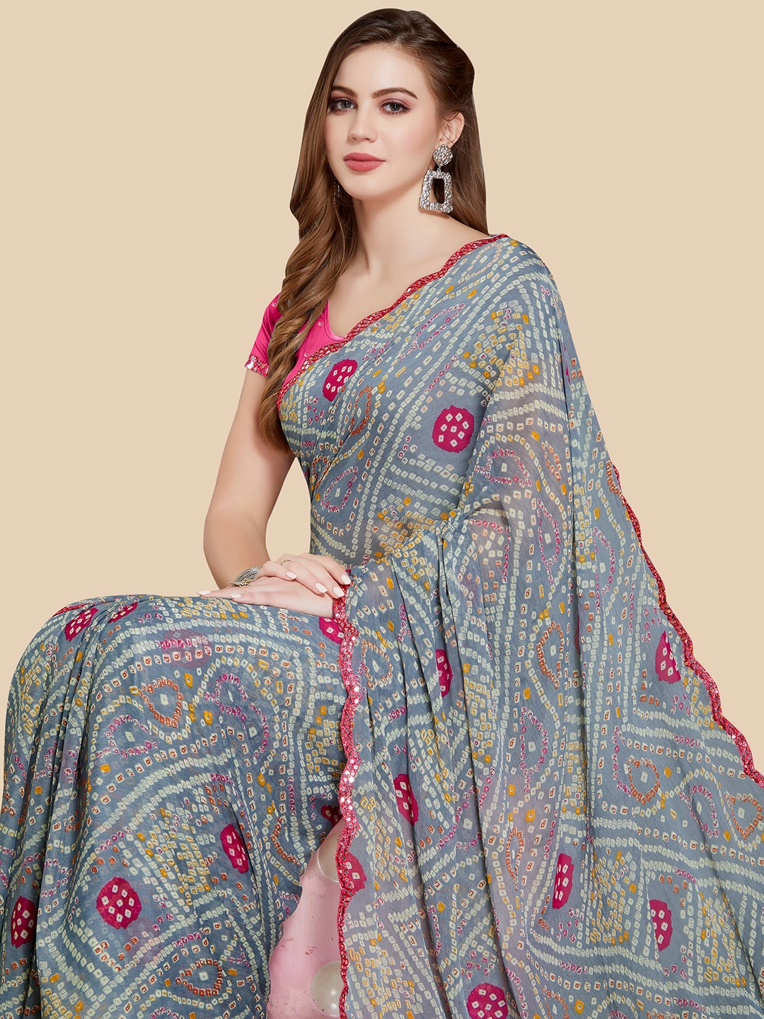 

Rani Saahiba Bandhani Printed Embroidered Chiffon Saree, Grey