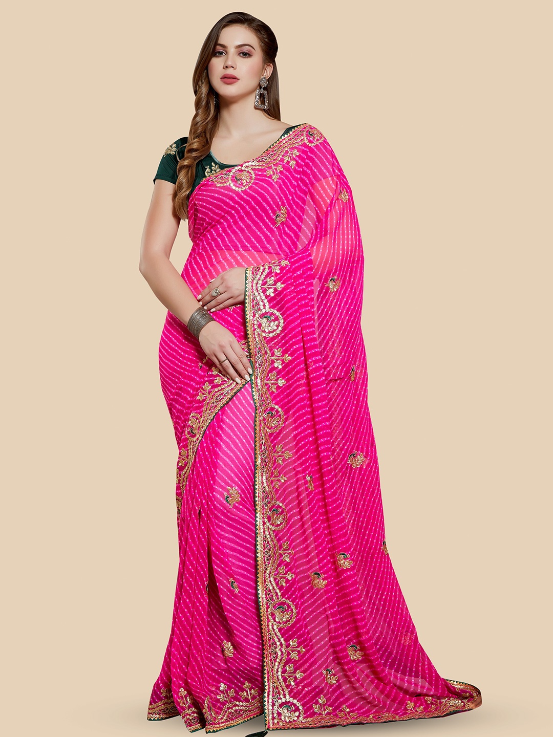 

Rani Saahiba Bandhani Printed Zari Bandhani Saree, Magenta