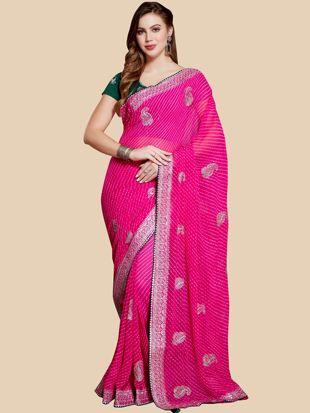 

Rani Saahiba Bandhani Printed Embroidered Chiffon Saree, Magenta