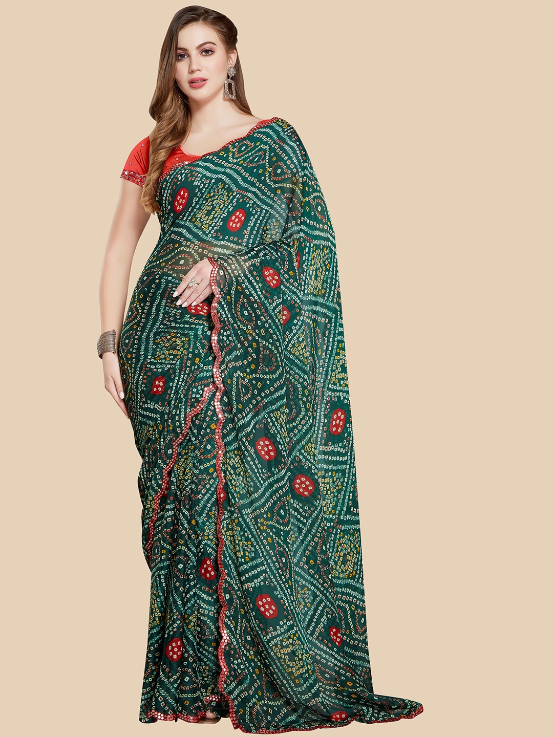 

Rani Saahiba Bandhani Printed Embroidered Bandhani Saree, Green