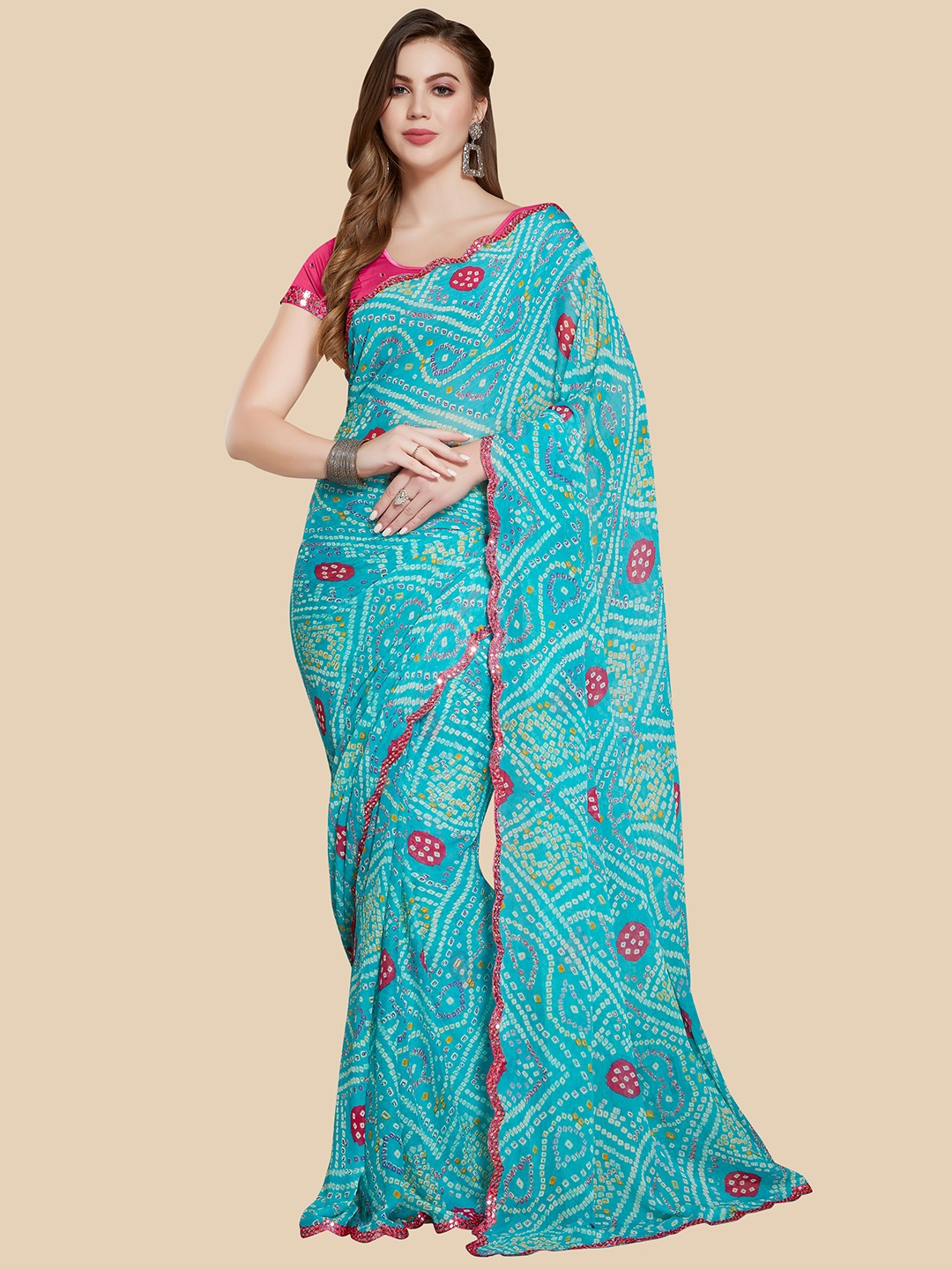 

Rani Saahiba Bandhani Printed Embroidered Bandhani Saree, Turquoise blue