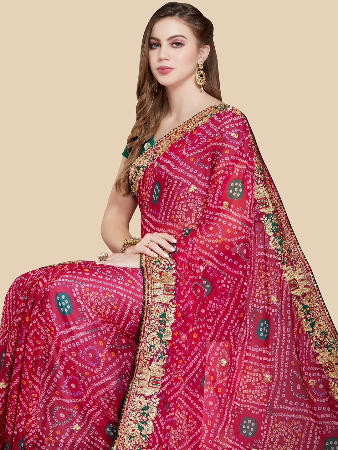 Rani Saahiba Bandhani Embroidered Chiffon Saree, Magenta