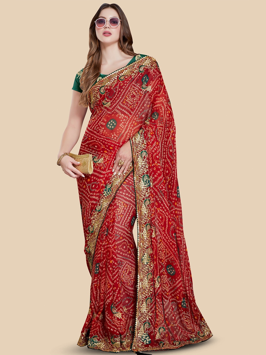 

Rani Saahiba Bandhani Printed Poly Chiffon Bandhani Saree, Red