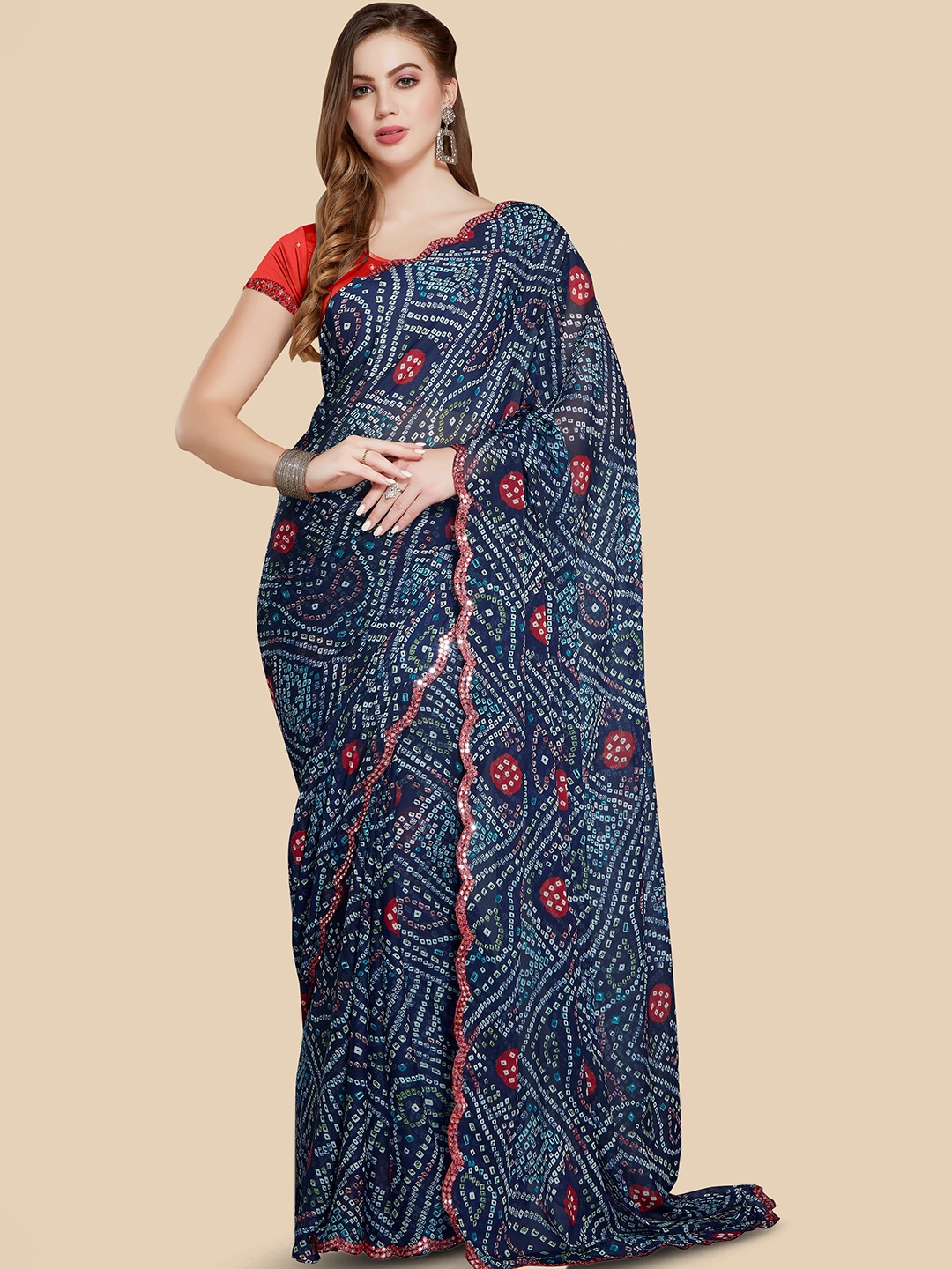 

Rani Saahiba Embroidered Chiffon Bandhani Saree, Navy blue