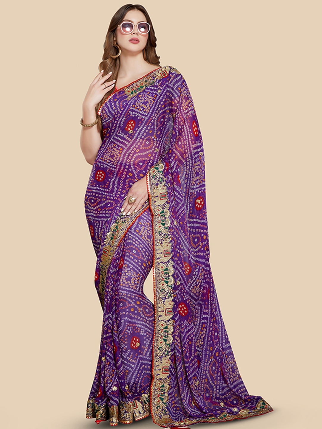 

Rani Saahiba Bandhani Printed Embroidered Bandhani Saree, Purple