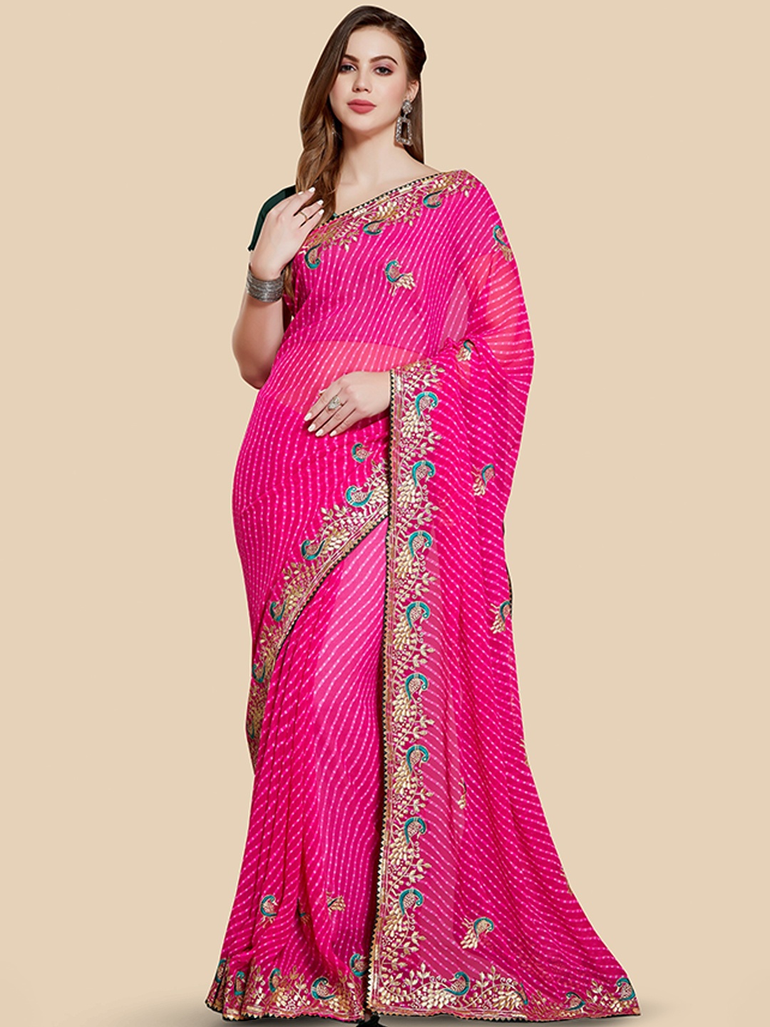 

Rani Saahiba Bandhani Printed Zari Bandhani Saree, Magenta