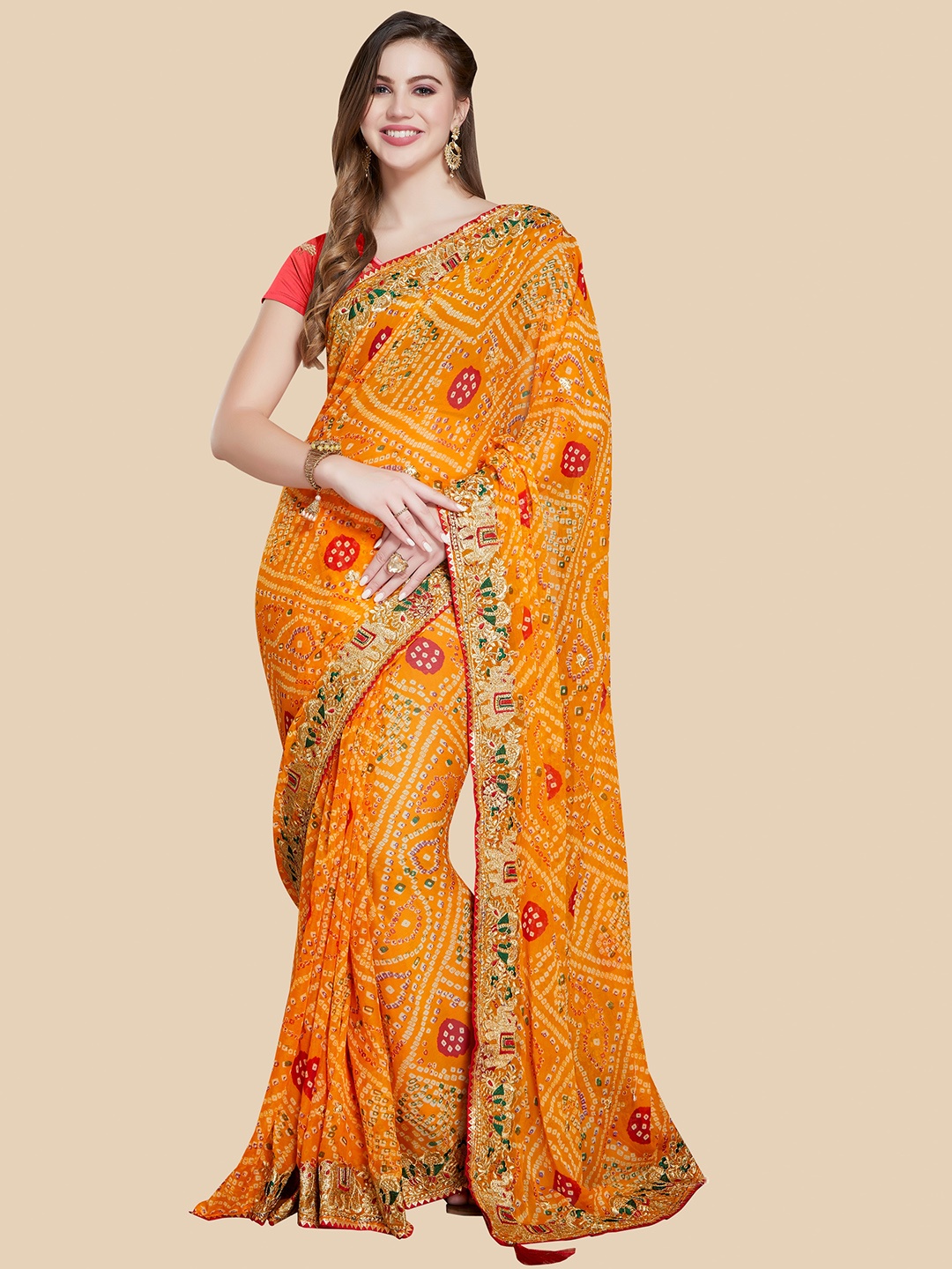

Rani Saahiba Bandhani Printed Embroidered Bandhani Saree, Gold