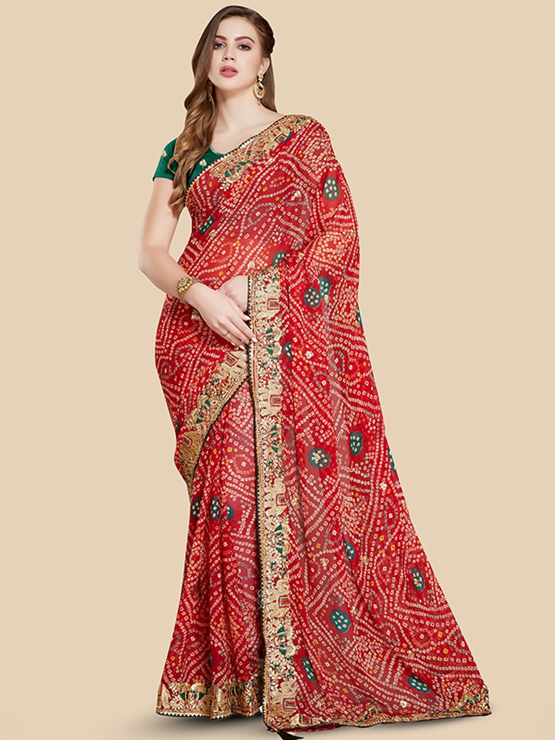 

Rani Saahiba Bandhani Printed Zari Bandhani Saree, Red