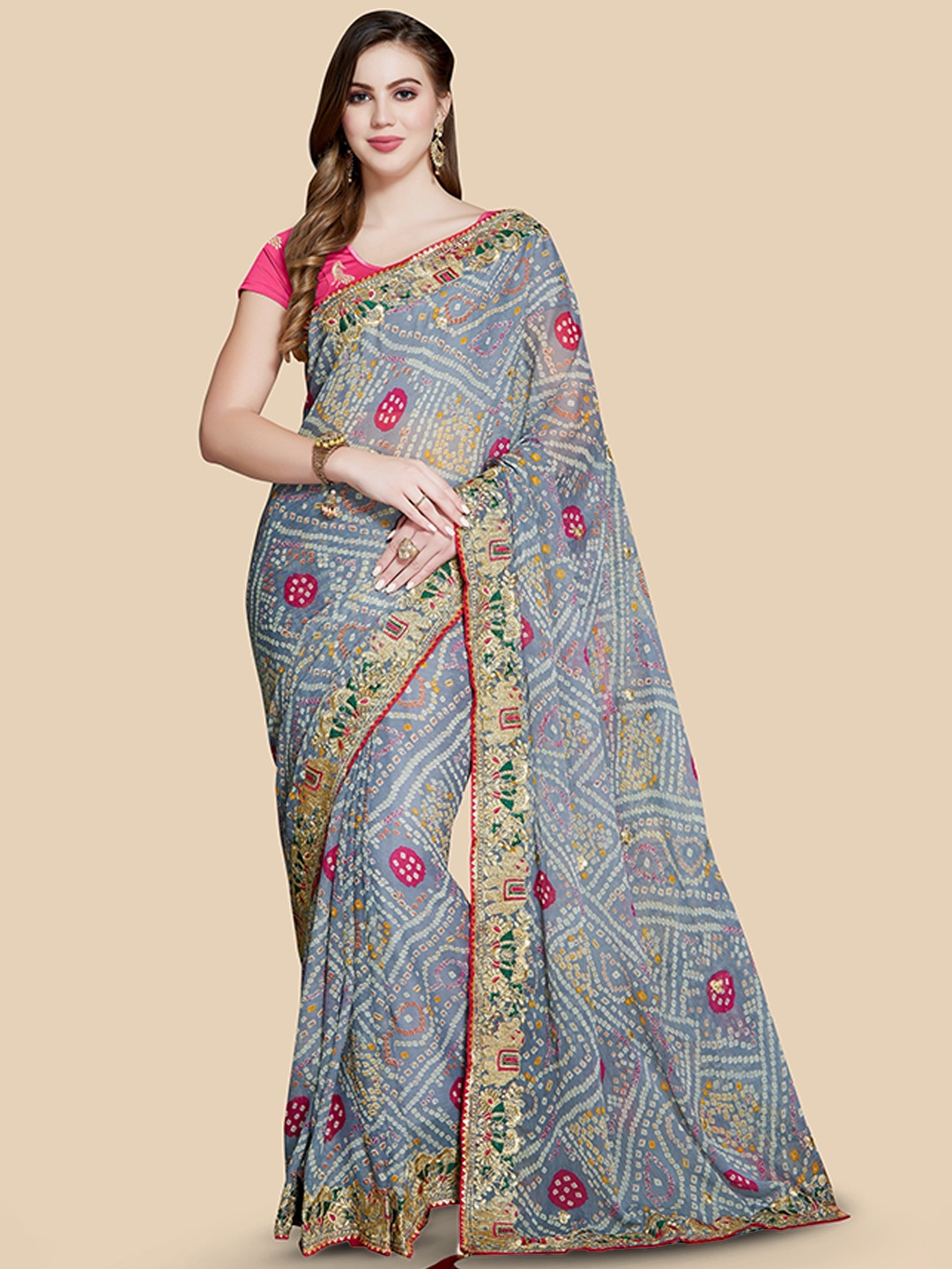 

Rani Saahiba Bandhani Printed Zari Bandhani Saree, Grey
