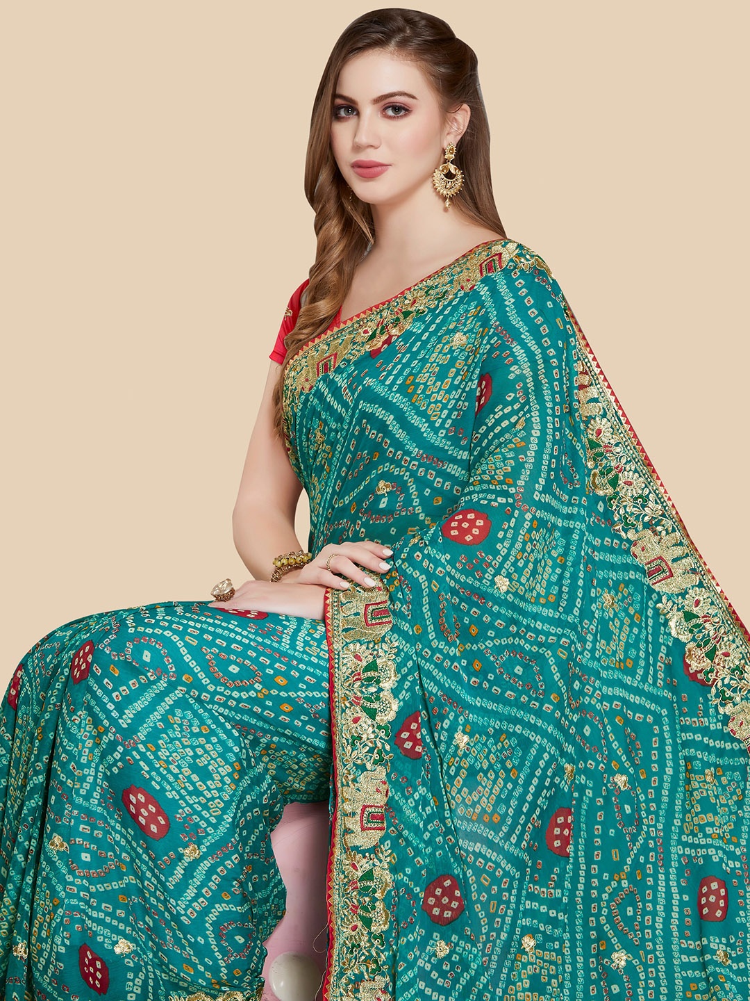 

Rani Saahiba Bandhani Printed Embroidered Bandhani Saree, Teal