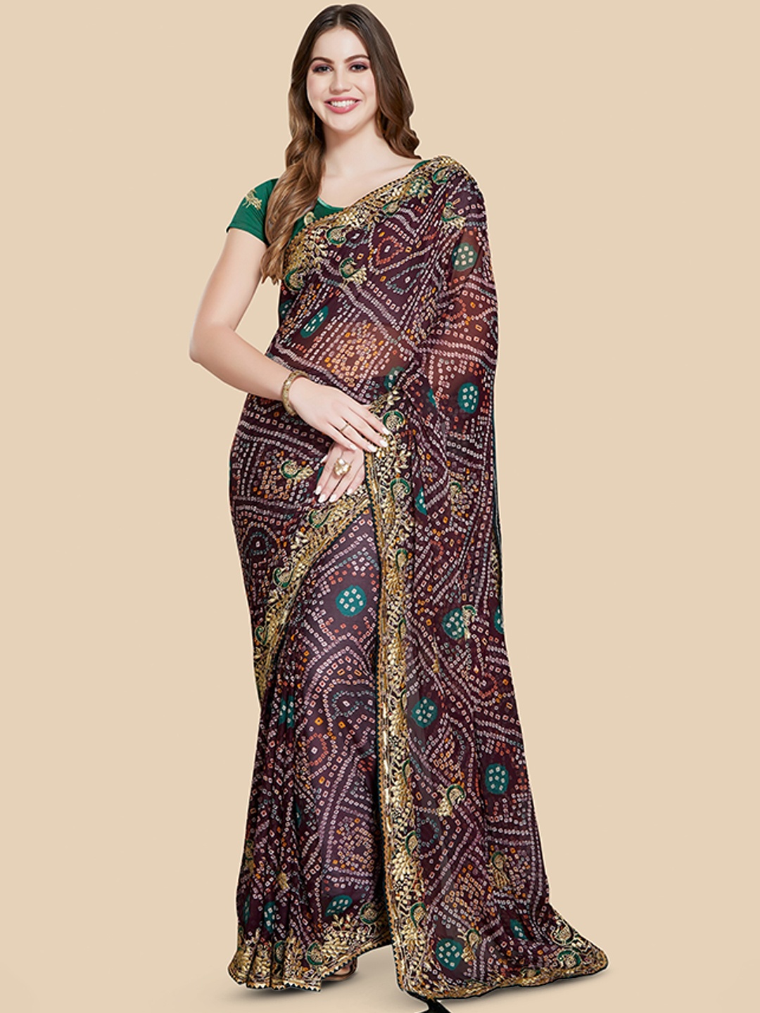 

Rani Saahiba Bandhani Printed Embroidered Bandhani Saree, Brown