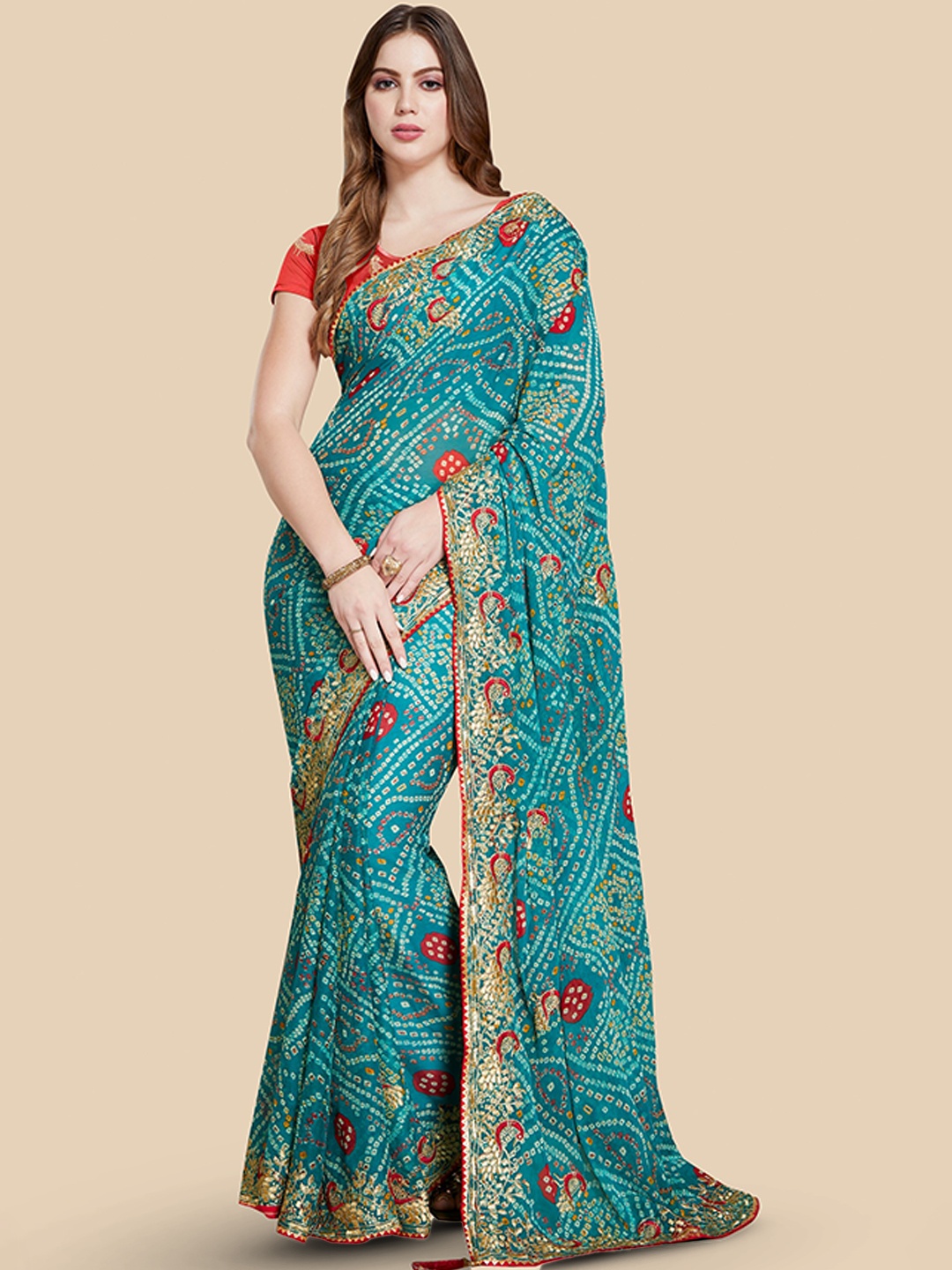

Rani Saahiba Bandhani Printed Zari Poly Chiffon Bandhani Saree, Teal
