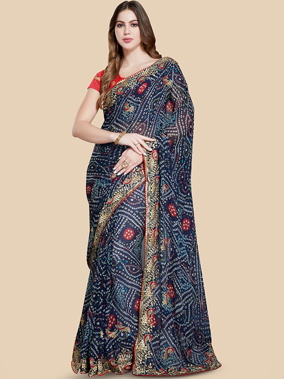 

Rani Saahiba Bandhani Printed Poly Chiffon Bandhani Saree, Navy blue