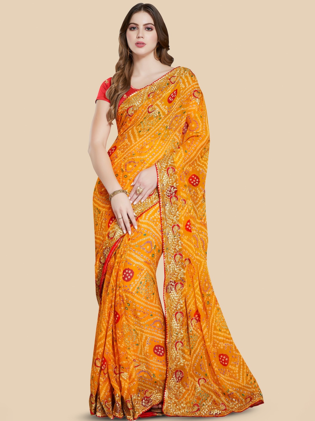 

Rani Saahiba Bandhani Printed Poly Chiffon Bandhani Saree, Gold