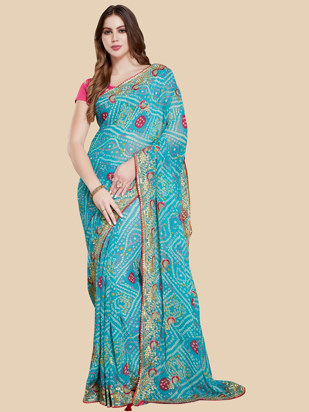

Rani Saahiba Bandhani Printed Embroidered Bandhani Saree, Turquoise blue