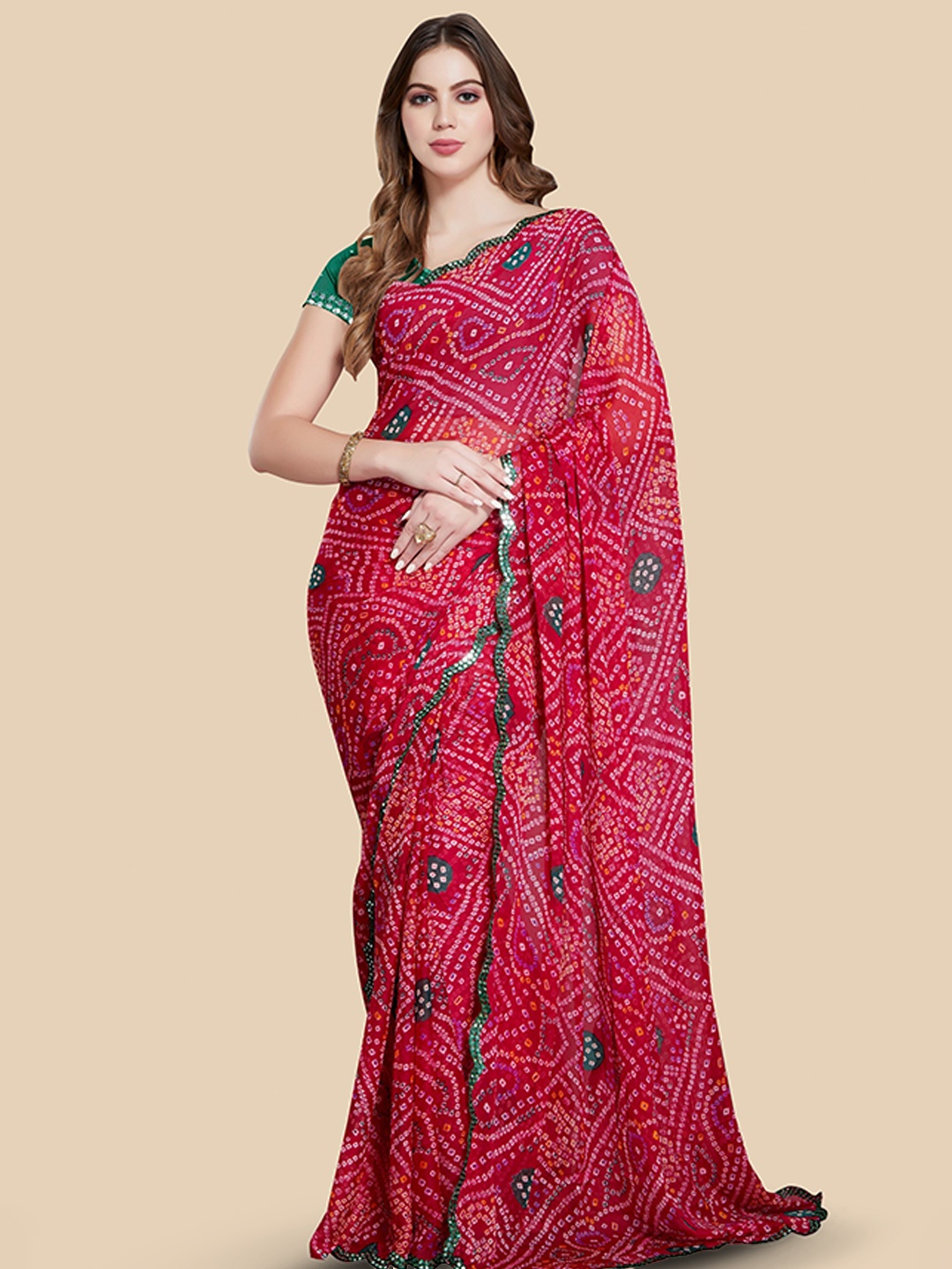 

Rani Saahiba Bandhani Printed Mirror Work Poly Chiffon Bandhani Saree, Magenta