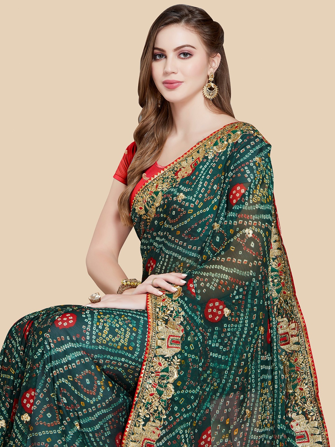 

Rani Saahiba Bandhani Printed Embroidered Bandhani Saree, Green