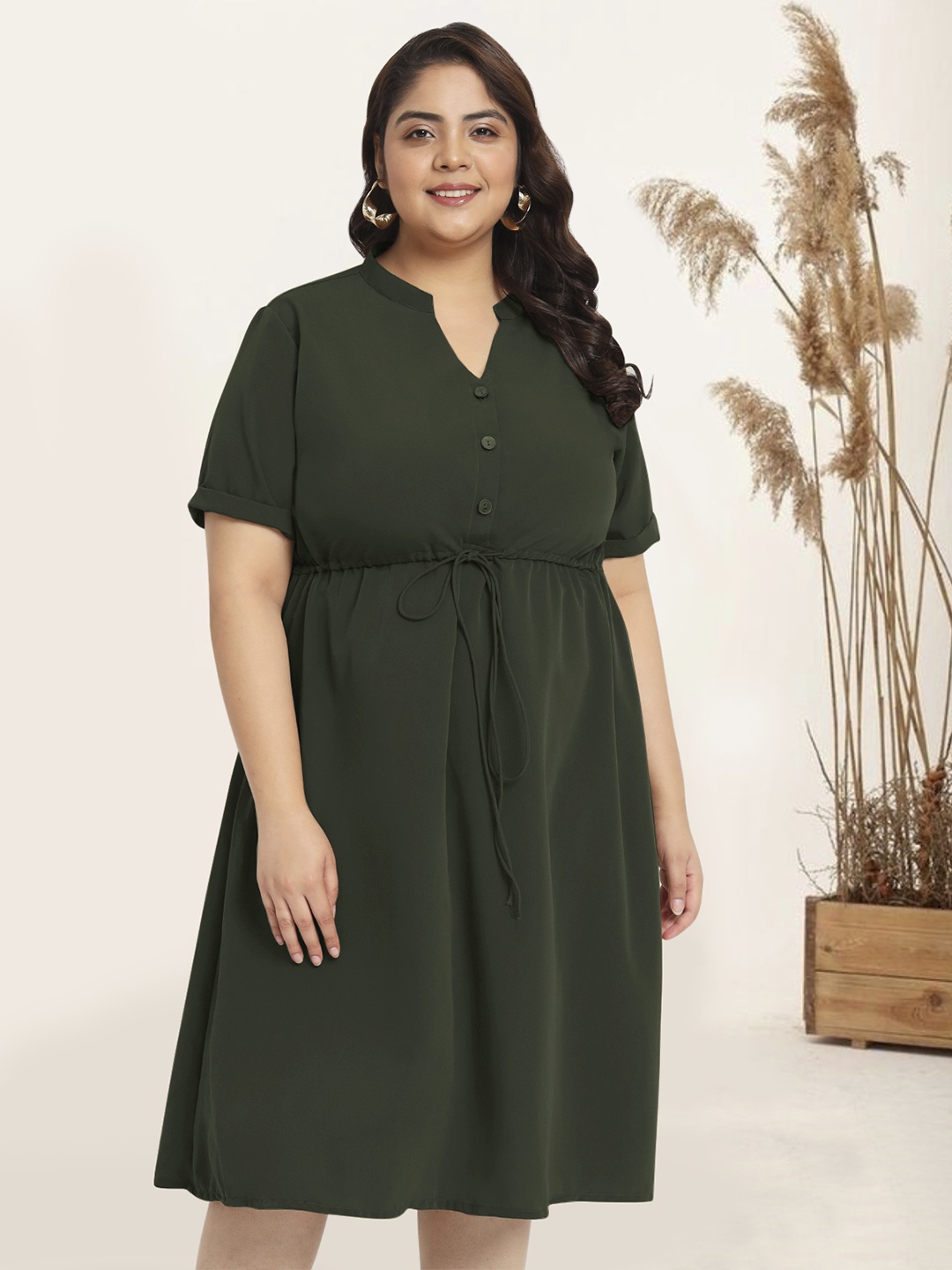 wild U Mandarin Collar Short Sleeves Formal Midi Fit & Flare Dress, Green