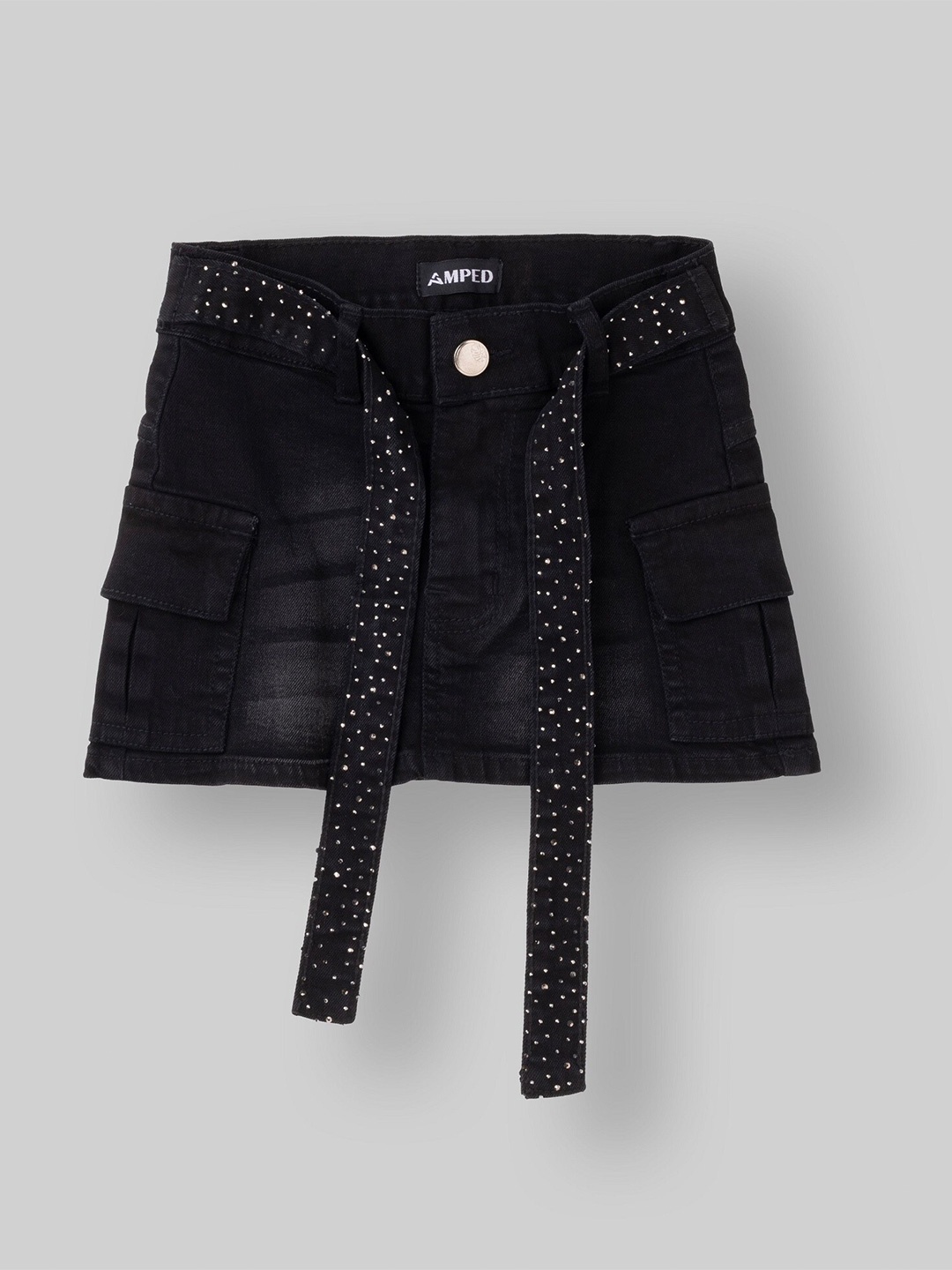 

AMPED Girls Above Knee Denim Flared Skirt With Cargo Pocket & Belt, Black