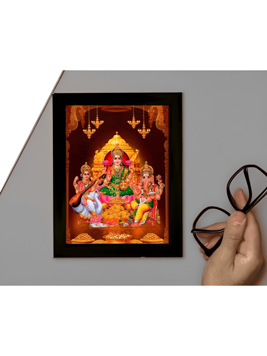 

2Mech Orange & Black Devi Laxmiji, Saraswatiji and Ganeshji Photo Frames