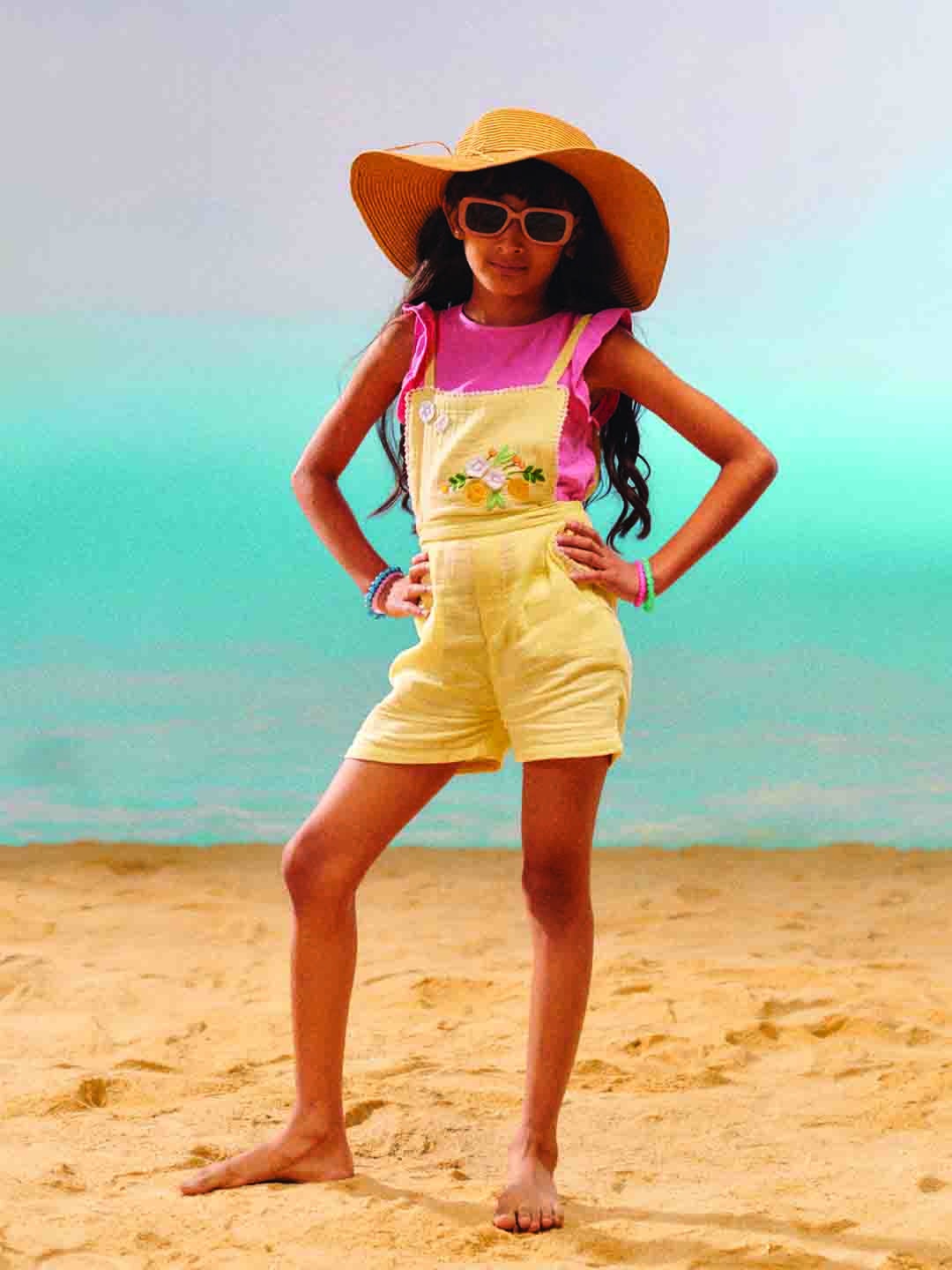 

Somersault Girls Floral Embroidered Pure Cotton Citrusy 2 In 1 Dungree, Yellow