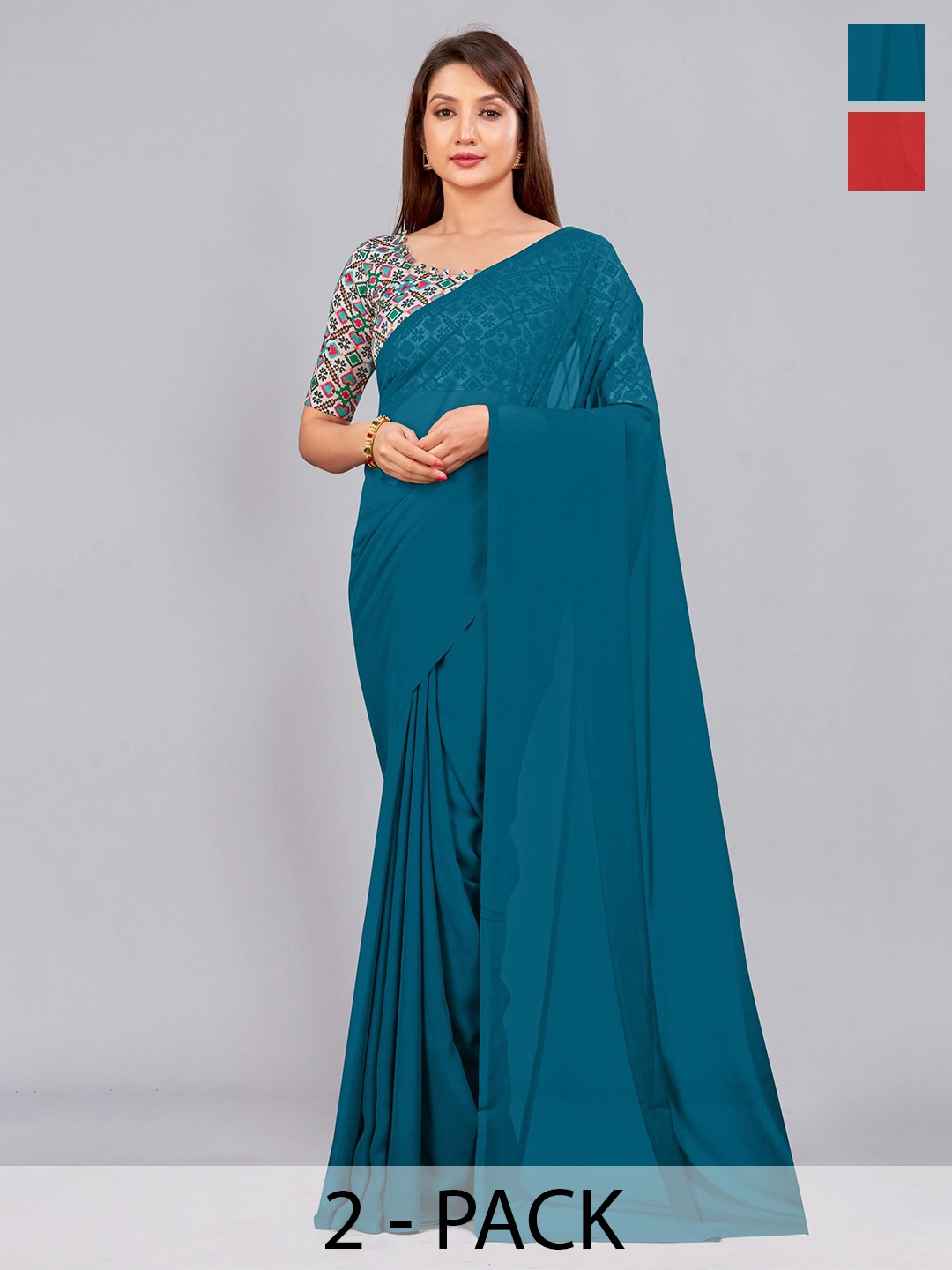 

CastilloFab Selection Of 2 Pure Georgette Saree, Teal
