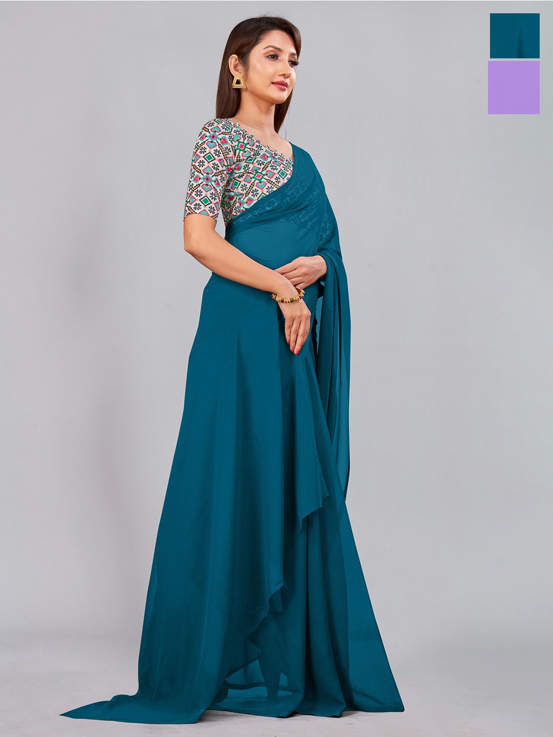 

CastilloFab Selection Of 2 Ethnic Pure Georgette Designer Sarees, Teal