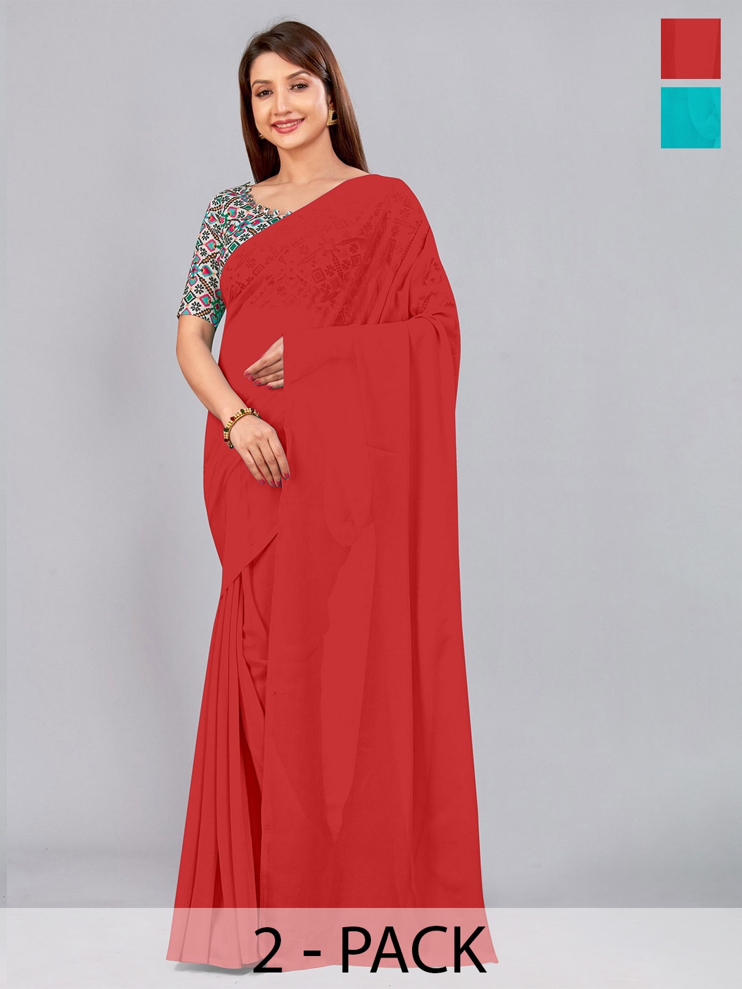 

CastilloFab Selection Of 2 Ethnic Pure Georgette Sarees, Red