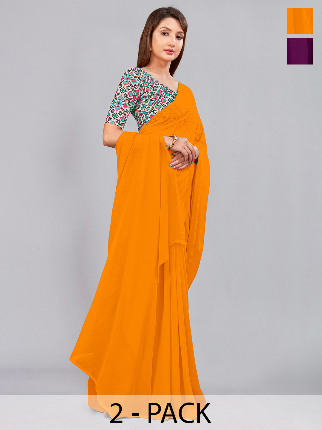 

CastilloFab Selection of 2 Pure Georgette Saree, Mustard