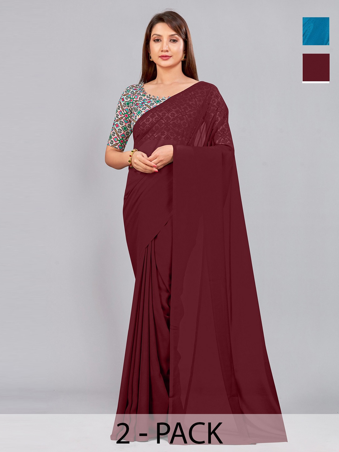 

CastilloFab Selection of 2 Pure Georgette Saree, Teal
