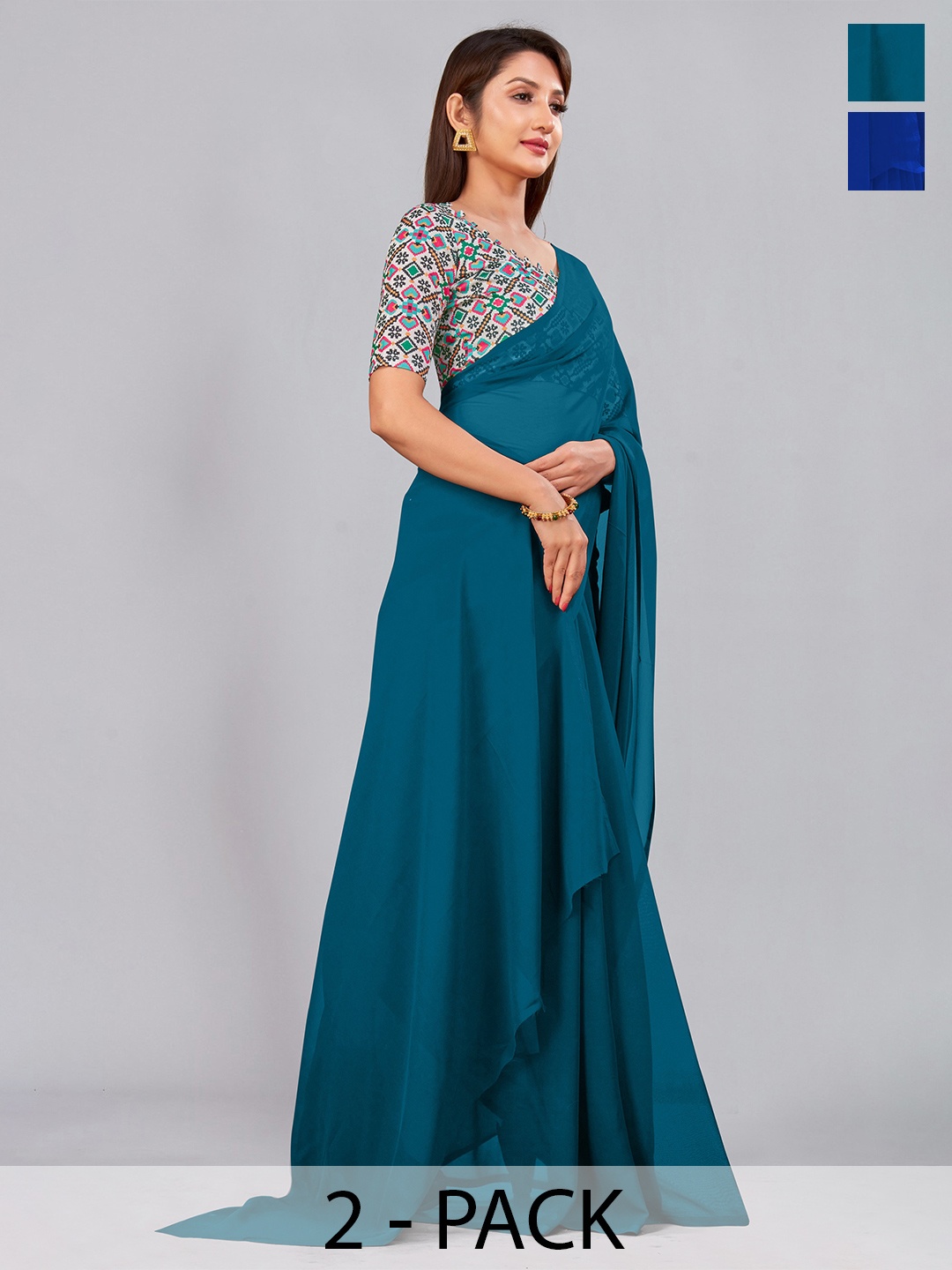 

CastilloFab Selection of 2 Pure Georgette Sarees, Teal