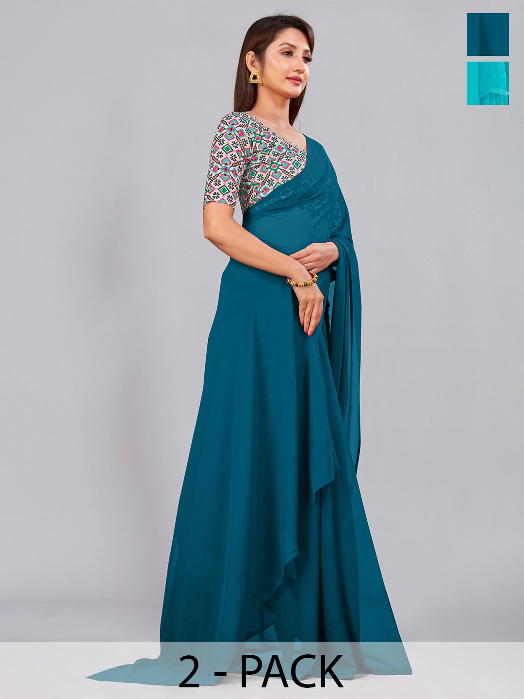 

CastilloFab Selection of 2 Pure Georgette Saree, Teal