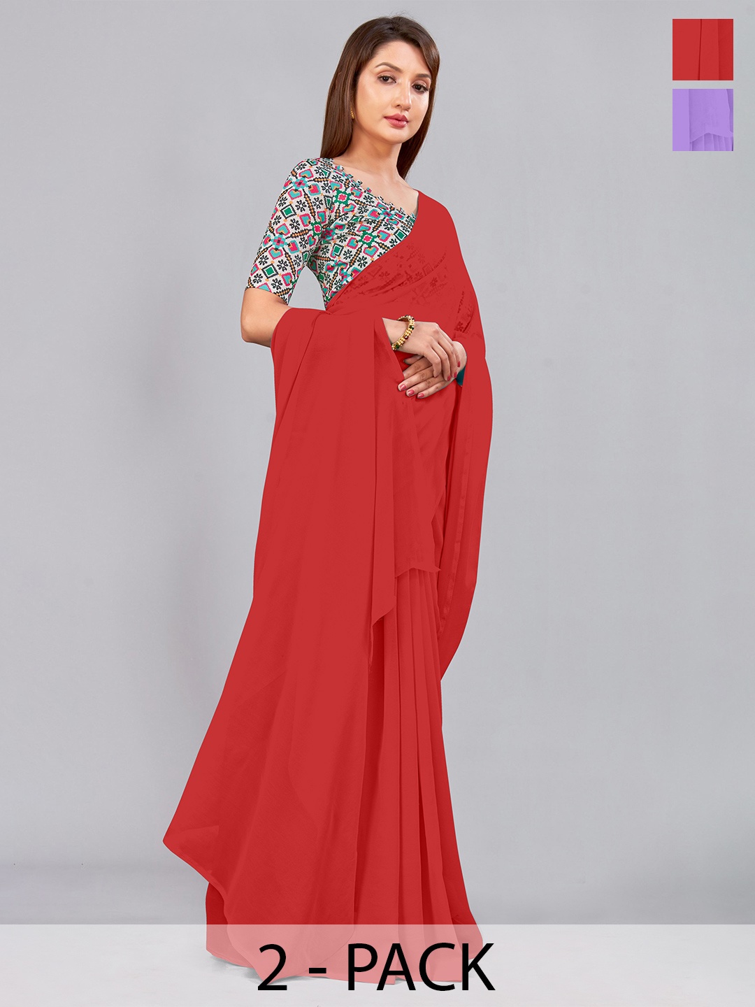 

CastilloFab Selection of 2 Pure Georgette Saree, Red