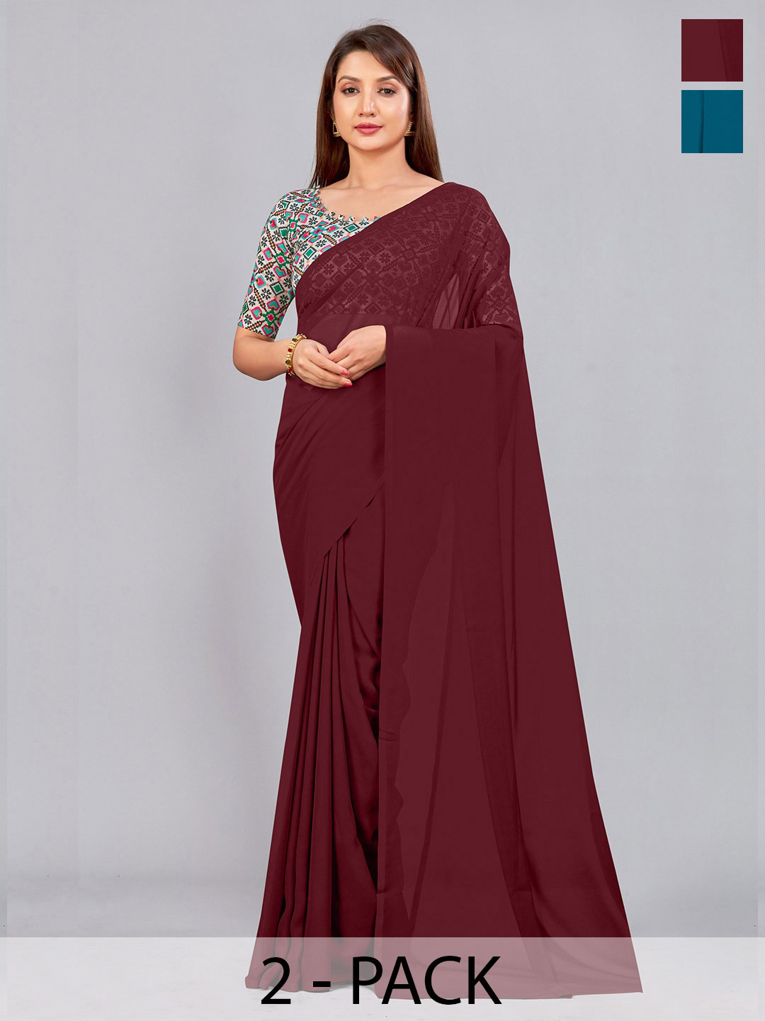

CastilloFab Selection of 2 Pure Georgette Saree, Maroon