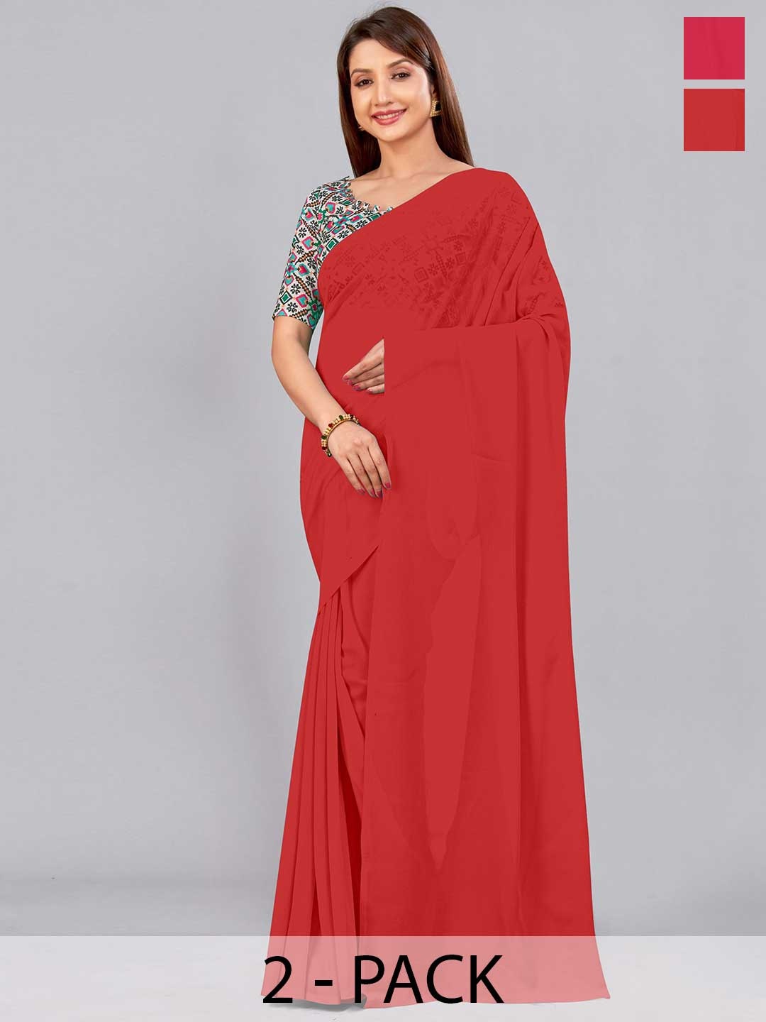 

CastilloFab Selection of 2 Pure Georgette Sarees, Red