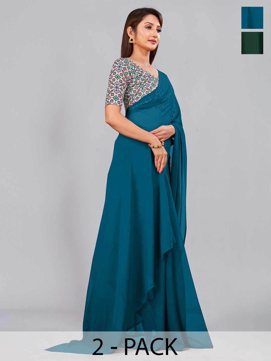 

CastilloFab Selection of 2 Pure Georgette Sarees, Teal