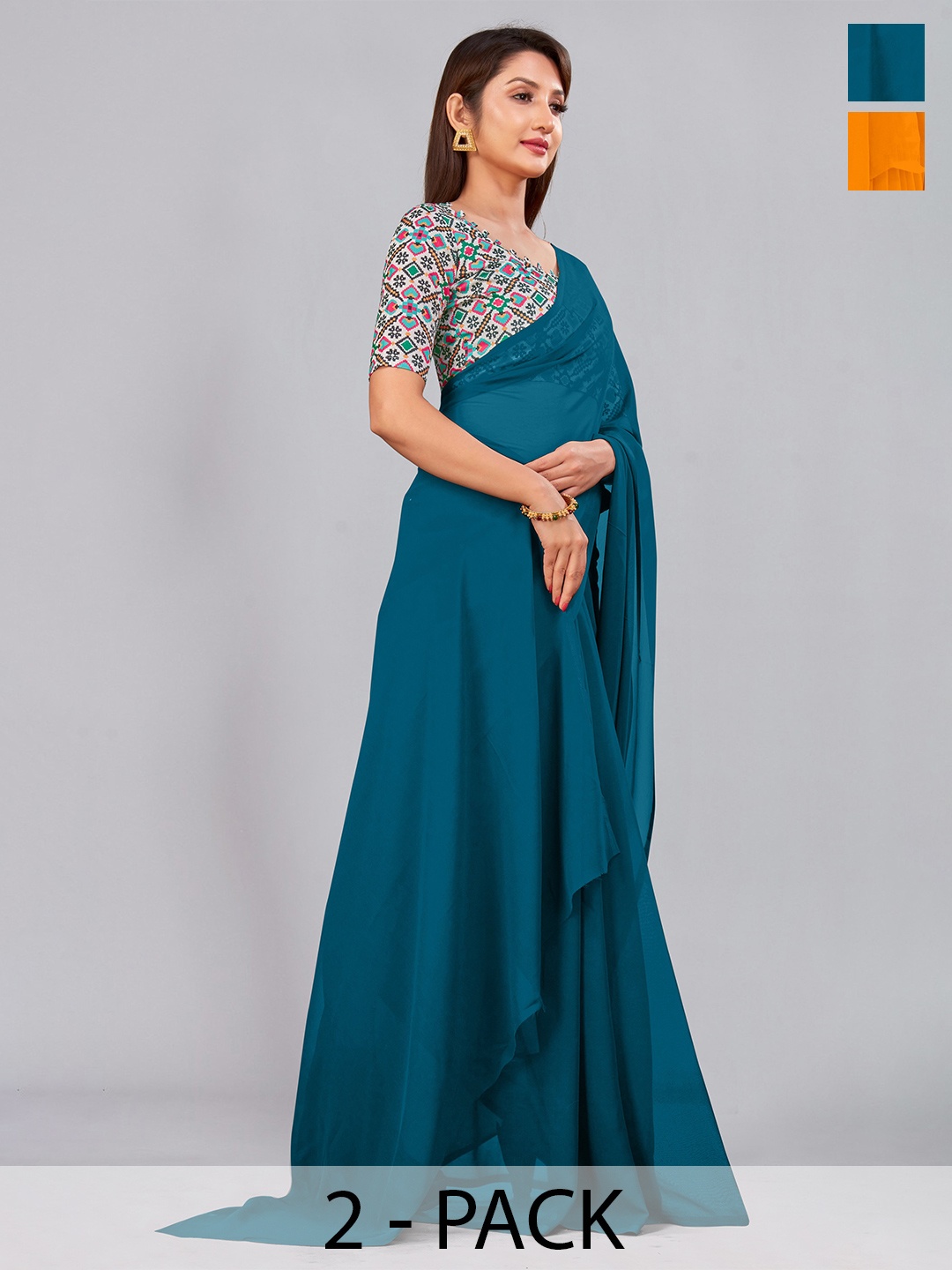 

CastilloFab Selection of 2 Pure Georgette Saree, Teal