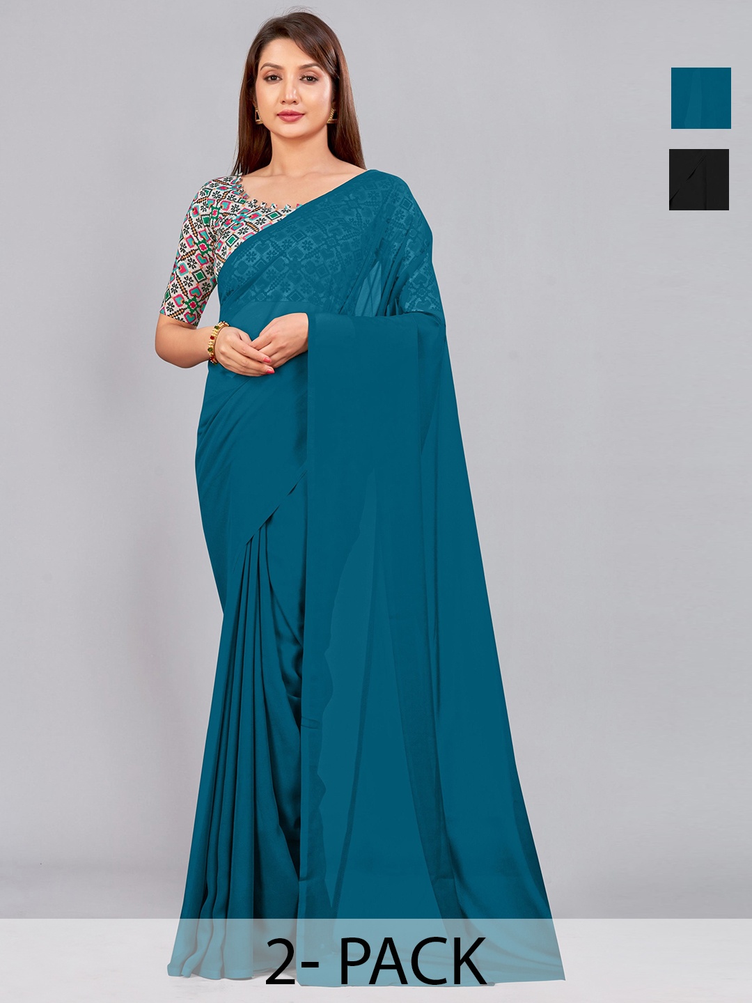 

CastilloFab Selection of 2 Pure Georgette Sarees, Teal