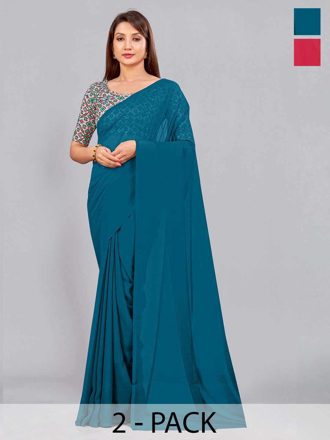 

CastilloFab Selection Of 2 Pure Georgette Saree, Teal