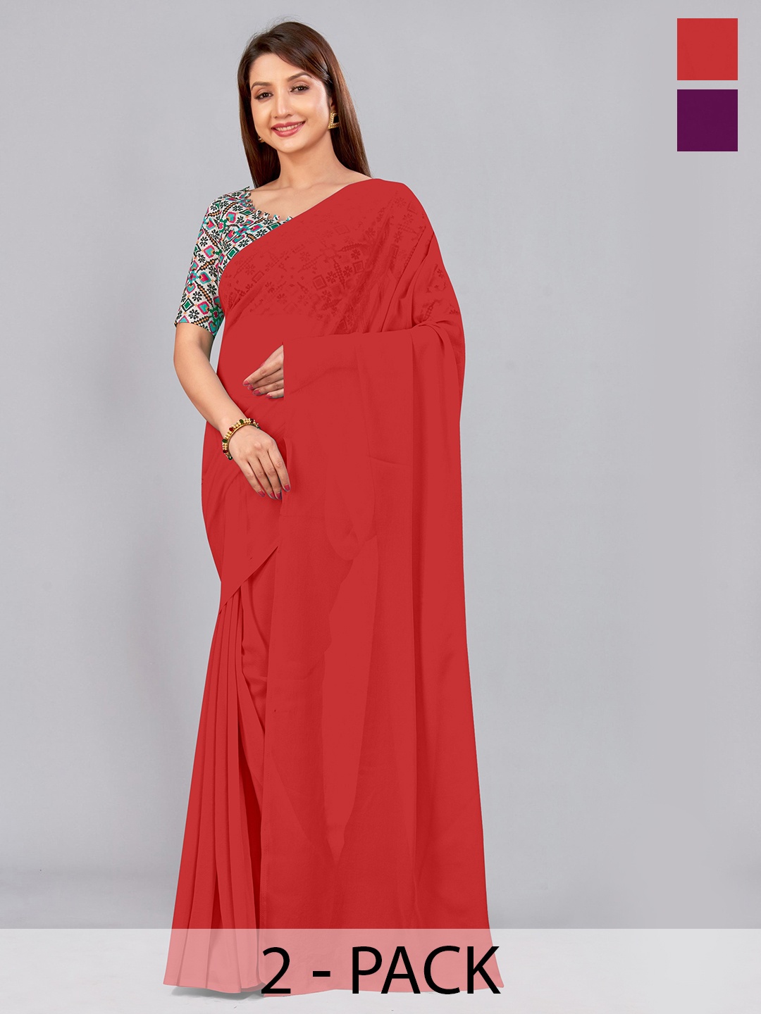 

CastilloFab Selection of 2 Pure Georgette Saree, Red
