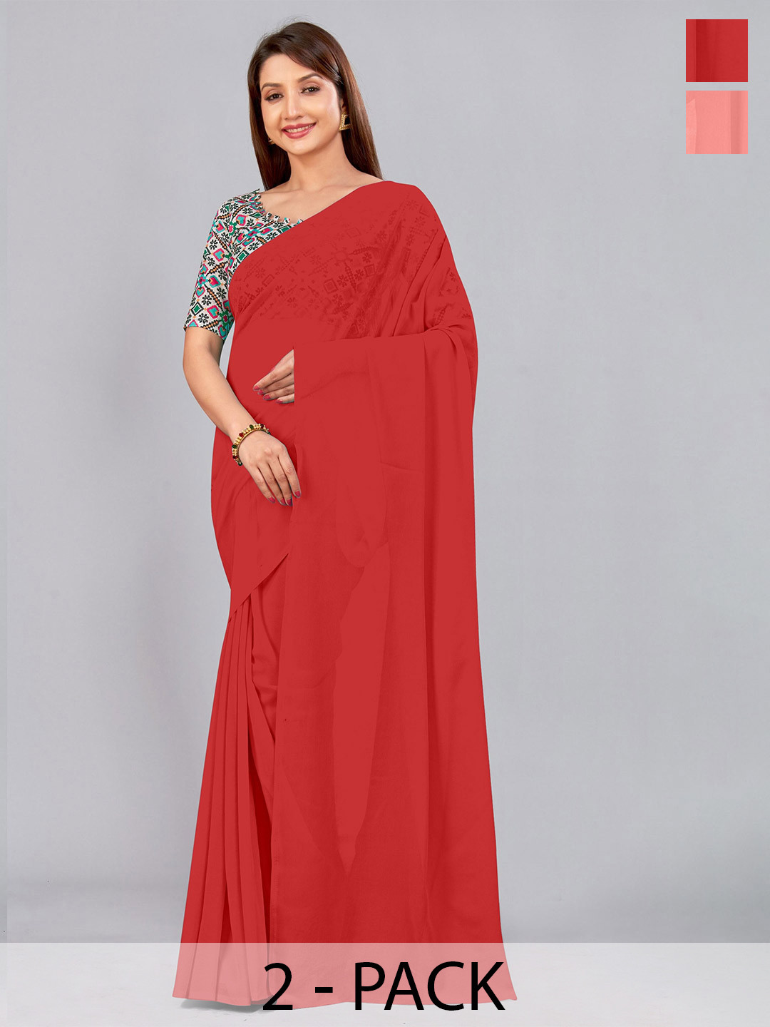 

CastilloFab Selection Of 2 Pure Georgette Saree, Red