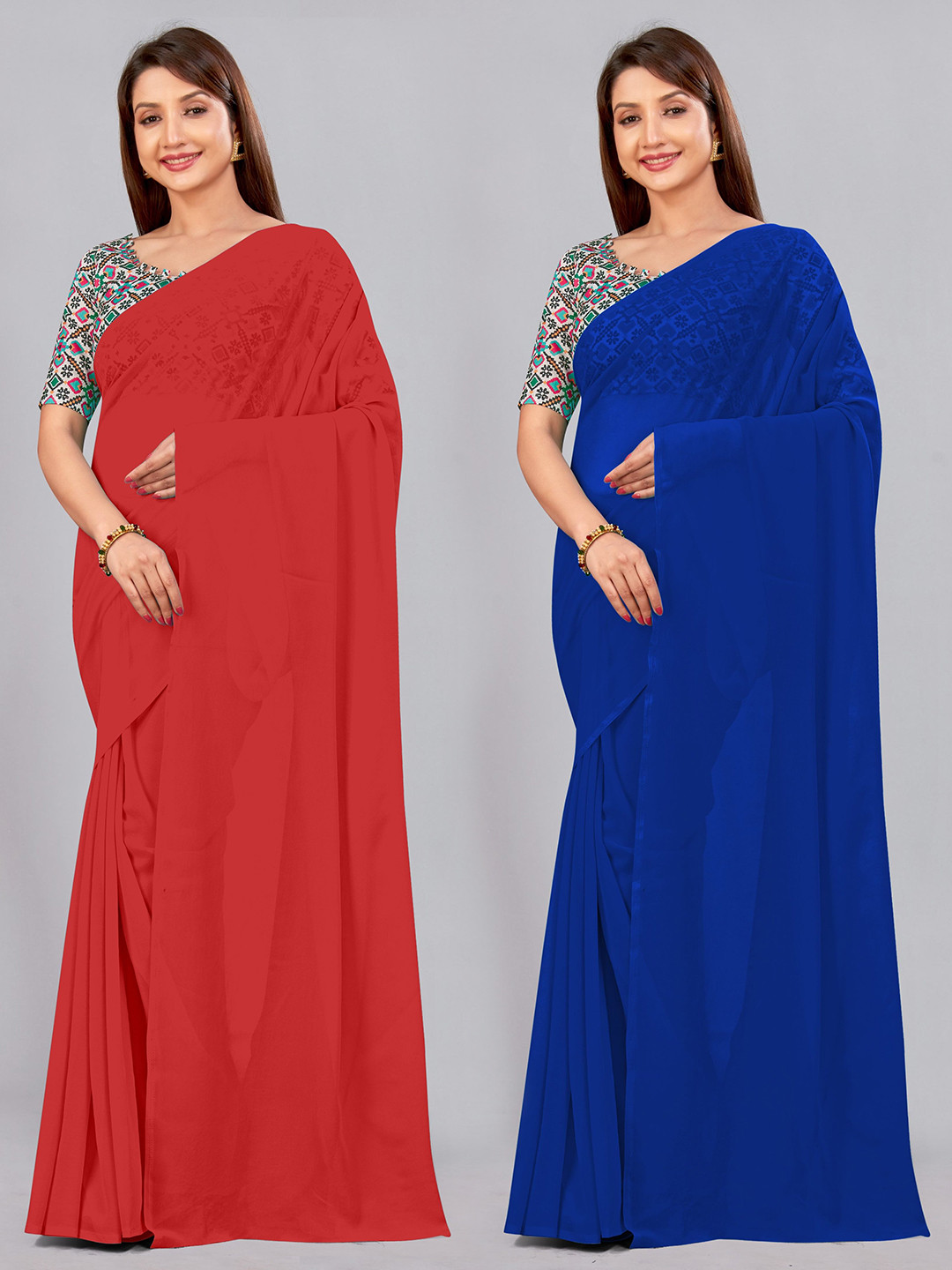 

CastilloFab Selection of 2 Pure Georgette Saree, Red