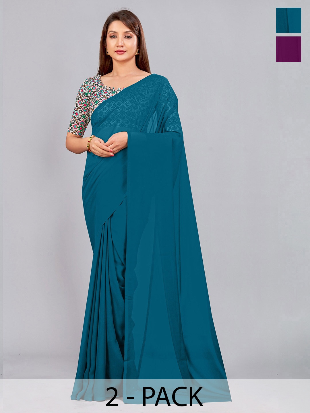 

CastilloFab Selection Of 2 Pure Georgette Saree, Teal