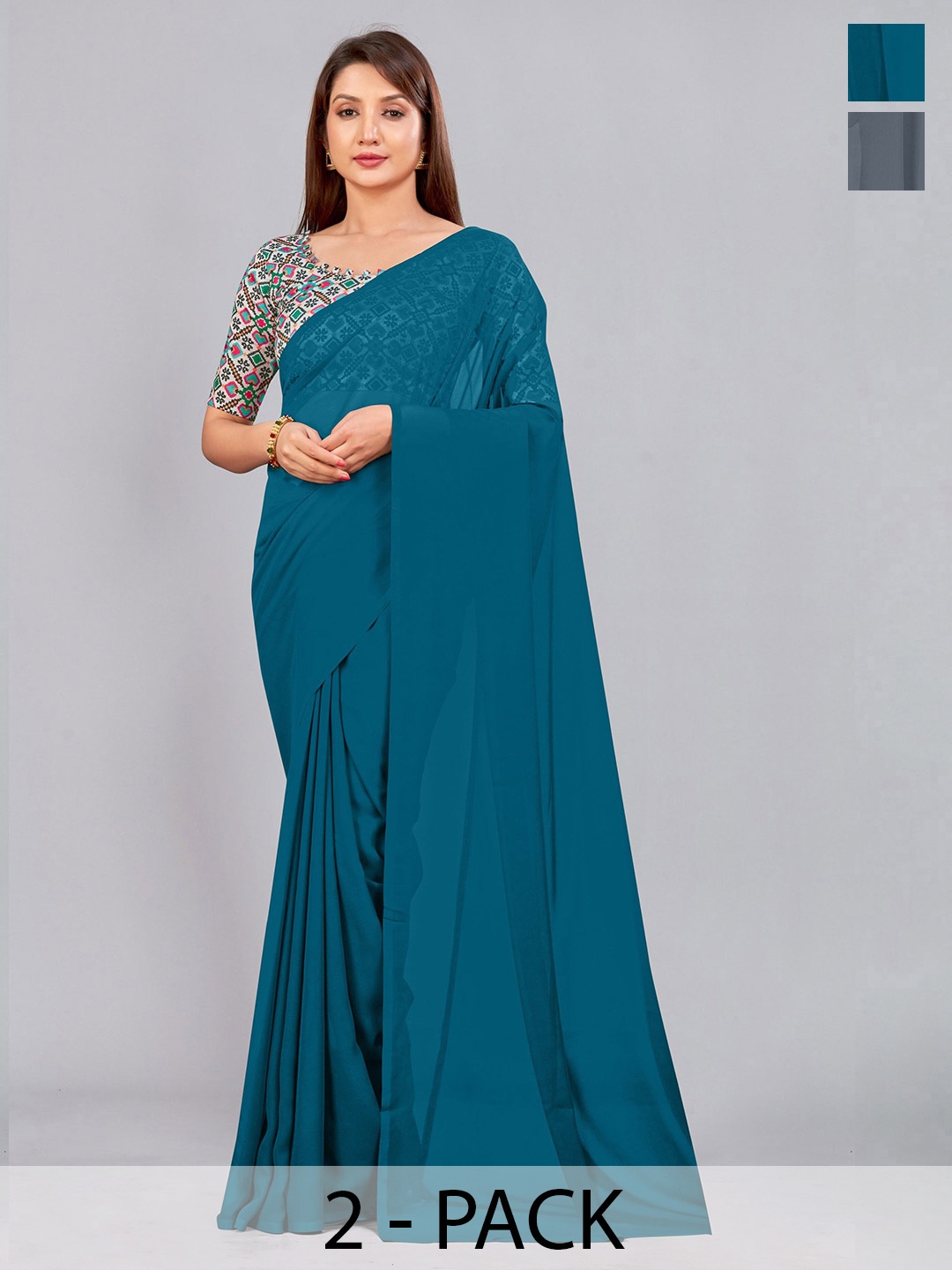 

CastilloFab Selection of 2 Pure Georgette Saree, Teal